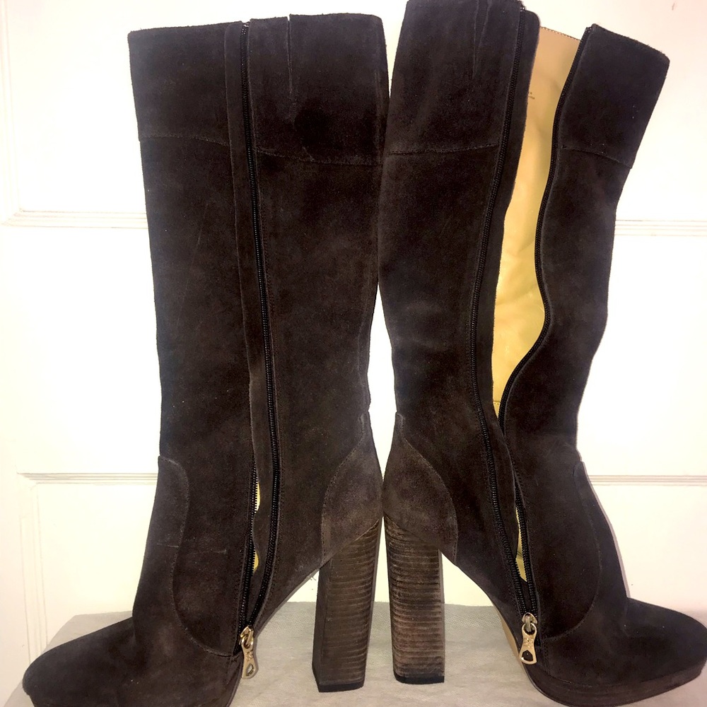 Brown suede 4 inch knee length boots leather upper